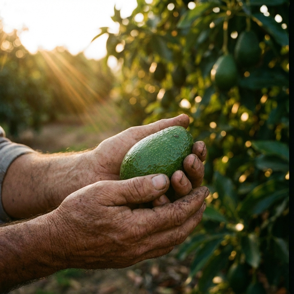 Manos de agricultor sosteniendo una palta hass fresca